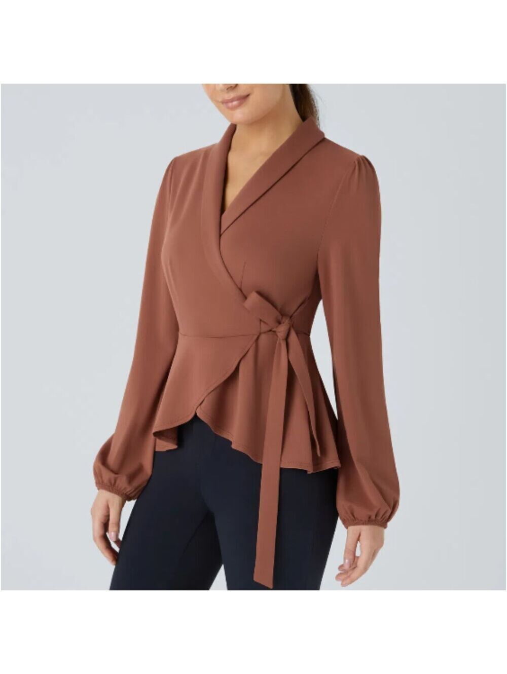 Sophisticated Shawl Collar Wrapped Tie Side Ruffle Hem Blouse Halara size L
